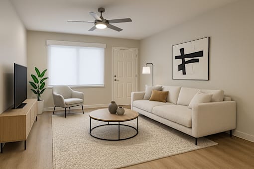 A living room with a white couch, a television, a plant, a chair, a coffee table, and a painting on the wall.