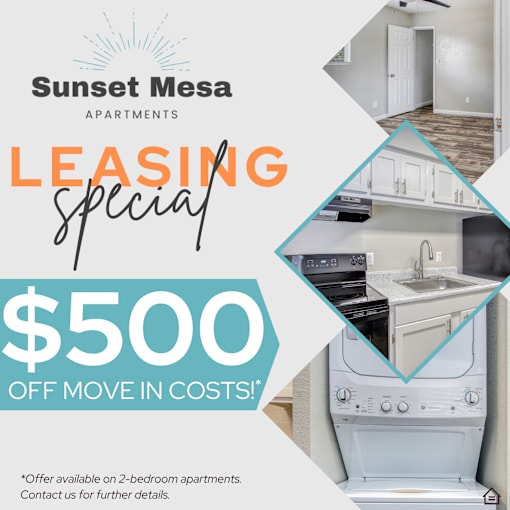 A Sunset Mesa Apartments advertisement offering $500 off move-in costs for 2-bedroom apartments.