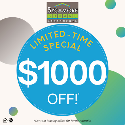 A promotional image for Sycamore Square Apartments offering a $1000 discount.