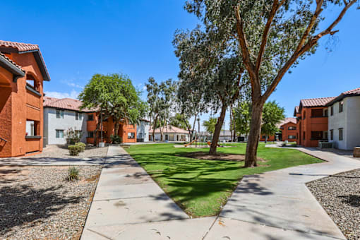 A sunny day in a residential area with houses and trees.