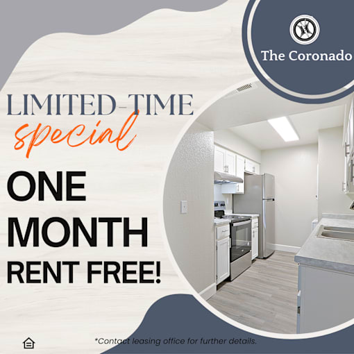A promotional image for The Coronado offers a one month rent free special.
