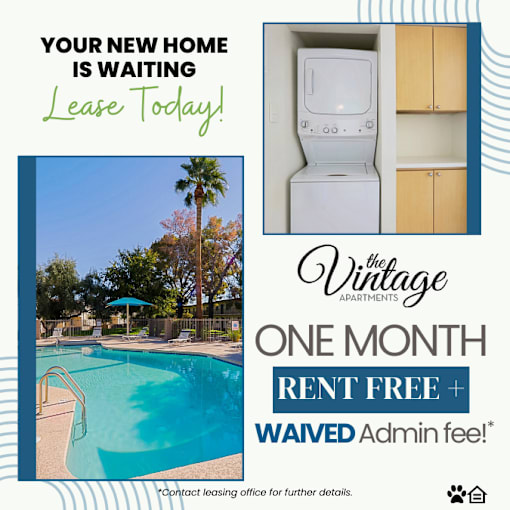A poster advertising a one month rent free offer at The Vintage Apartments.