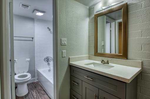 A bathroom with a toilet, sink, and mirror. at The Link Apartments, Mesa, AZ, 85201