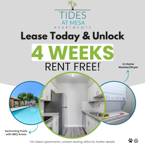 A promotional image for Tides at Mesa Apartments offering a 4-week rent-free lease.