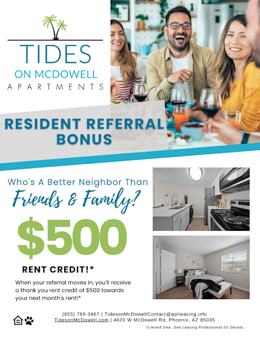 A poster advertising a $500 rent credit for new residents at Tides on McDowell Apartments.