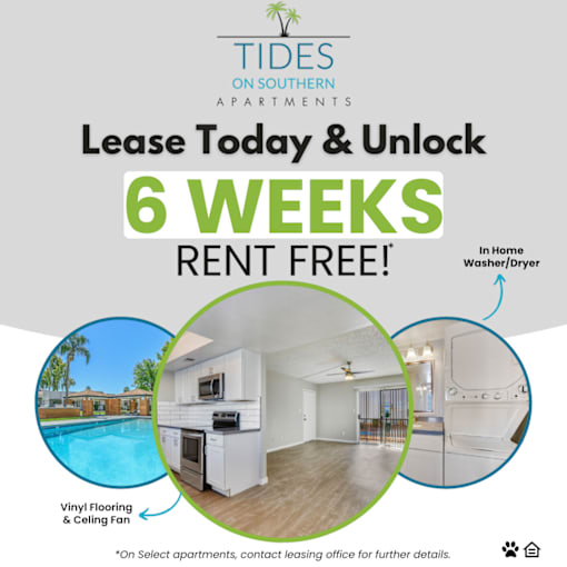 A promotional image for Tides on Southern Apartments offering a 6 weeks rent free deal.