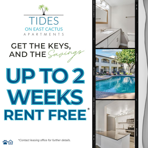 A poster advertises rent-free weeks at Tides on East Cactus Apartments.