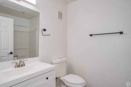 a bathroom with a sink toilet and a mirror