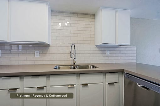 A kitchen with white cabinets and a sink.