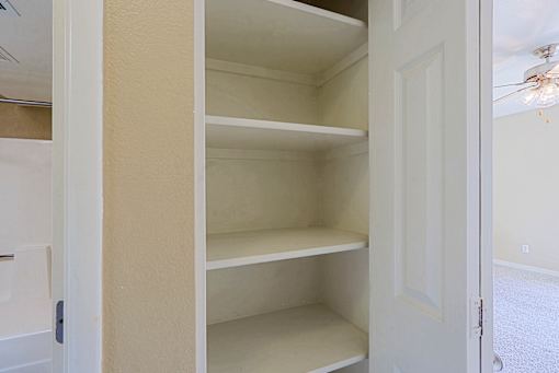 A white closet with shelves and a door.
