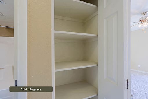 Empty white shelves in a pantry.
