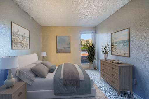 A bedroom with a bed, nightstand, and a painting on the wall.