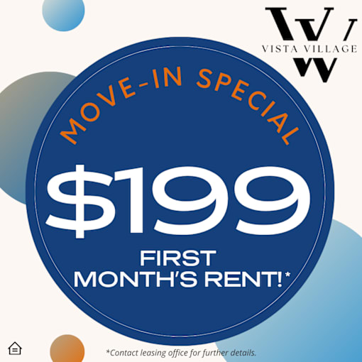 A promotional image for a move-in special at Vista Village, advertising a first month's rent of $199.