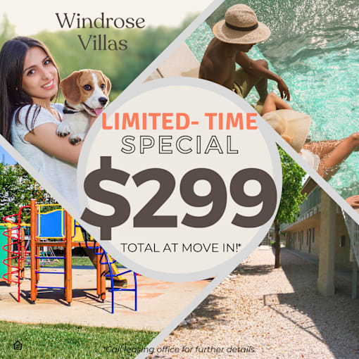 A promotional image for Windrose Villas advertising a special rate of $299 total at move in.