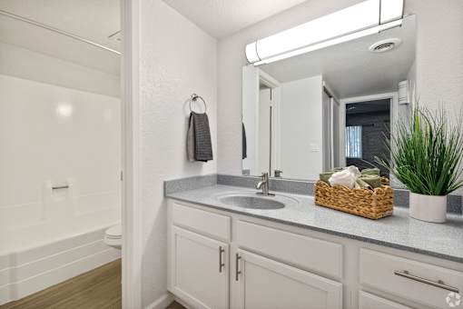 a bathroom with white cabinets and a sink and a mirror