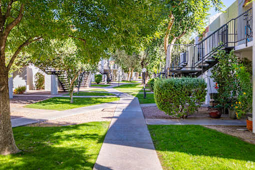 a view of a sidewalk with trees
