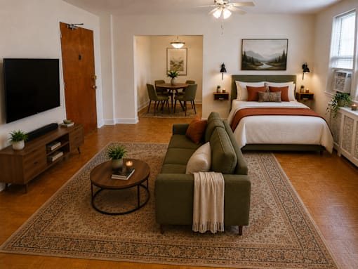A bedroom with a bed, a couch, a coffee table, and a television.