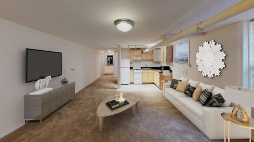 living area with large windows, sofa, coffee table, hardwood floors and view of kitchen at 1818 riggs apartments in washington dc