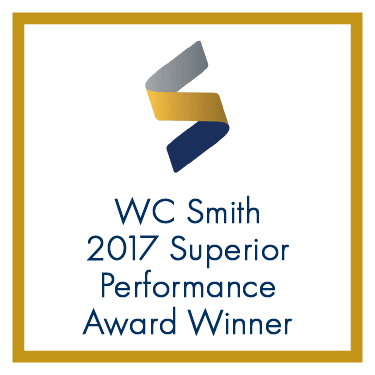 a yellow and blue logo with the words wc smith 2017 superior performance award winner
