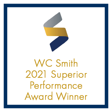 a blue and yellow logo with the words wc smith 2021 superior performance award winner