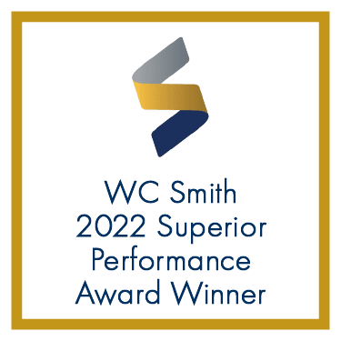 a yellow and blue logo with the words wc smith 2020 superior performance award winner