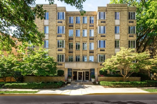 stone exterior of 2800 woodley apartments in washington dc