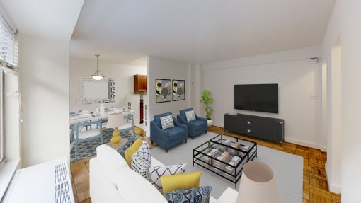 living area with sofa, coffee table, credenza, tv, and hardwood floors at 2800 woodley apartments in washington dc