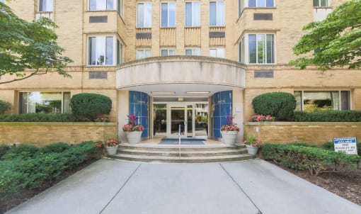 exterior of 2800 woodley road apartments front entrance in washington dc