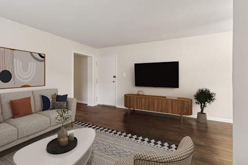 A living room with a grey sofa, a white coffee table, a wooden cabinet, a black and white rug, and a small potted plant.