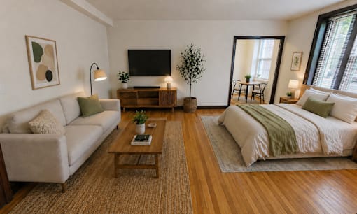 A living room with a couch, coffee table, and a bed.