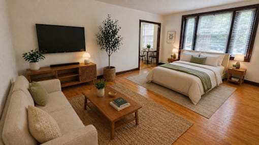 A well-lit bedroom with a large bed and a couch.