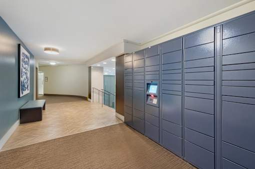 A hallway with a blue wall and a white ceiling.