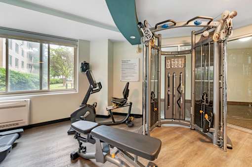 A gym with a variety of equipment including a treadmill, a stationary bike, a rowing machine, a bench, and a squat rack.