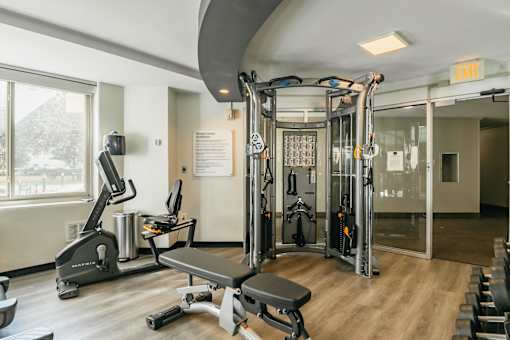 A gym with a treadmill, weights, and a bench.