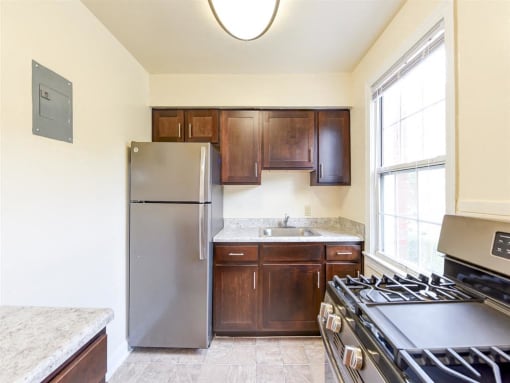 kitchen with espresso cabinetry, stainless steel appliances, gas range and window at the colonnade apartments in washington dc