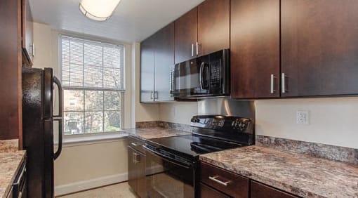 kitchen with espresso cabinetry, window and energy efficient appliances at juniper courts apartments in takoma washington dc