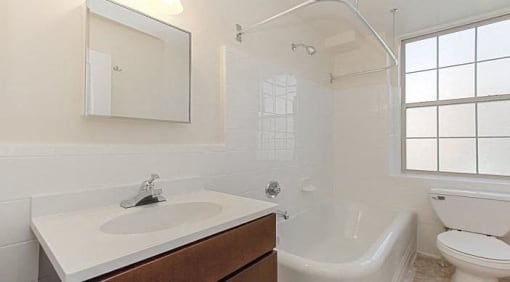 bathroom with tub, toilet, vanity, window and mirror at juniper courts apartments in takoma washington dc