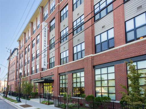 exterior of brick apartment building at sheridan station in washington dc