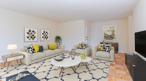 living area with coffee table, social seating, tv, credenza and hardwood flooring at fort totten apartments in washington dc