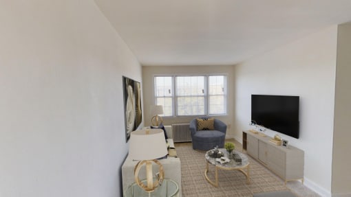 living area with sofa, coffee table, credenza, plush carpeting, and large windows at jetu apartments in washington dc