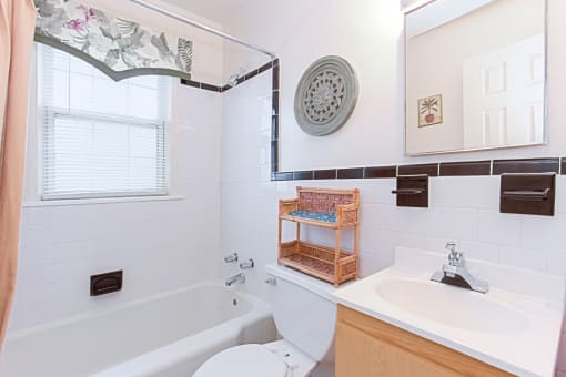 bathroom with toilet, tub, vanity and mirror at jetu apartments in washington dc