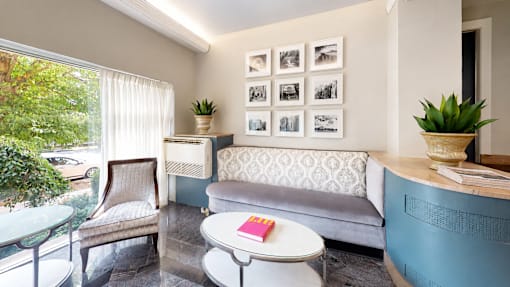 A living room with a grey couch, a white coffee table, and a glass table with a plant on it.