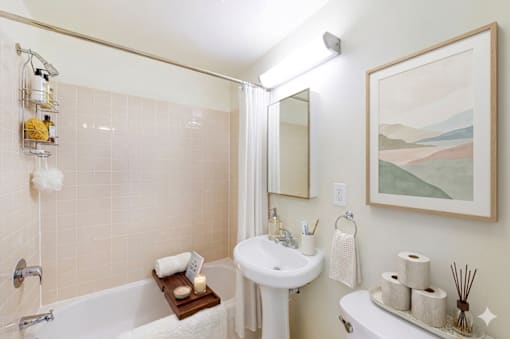 A bathroom with a white sink, a white tub, and a framed picture on the wall.