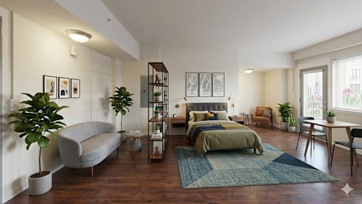 A modern bedroom with a large bed and a grey sofa.