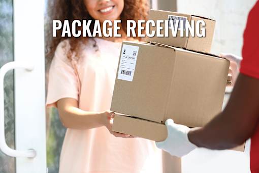 A person is receiving a package with a barcode visible on the box.