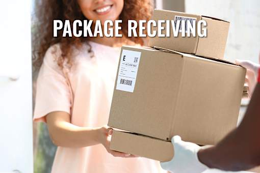 A person is receiving a package and the text "PACKAGE RECEIVING" is visible.