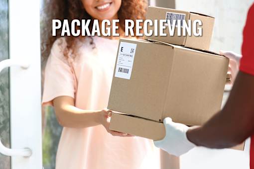 Two people exchanging a package with the label "PACKAGE RECEIVING" visible.