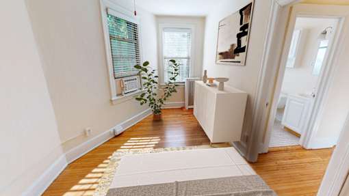A hallway with a rug on the floor and a plant on the windowsill.