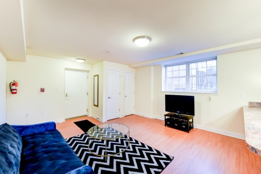 living area with sofa, credenza, tv, coffee table and window at park vista apartments in washington dc