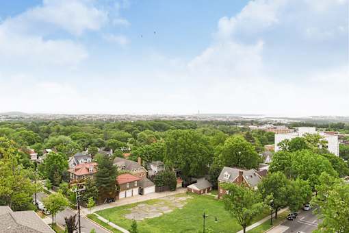A view of a residential area from a high vantage point.